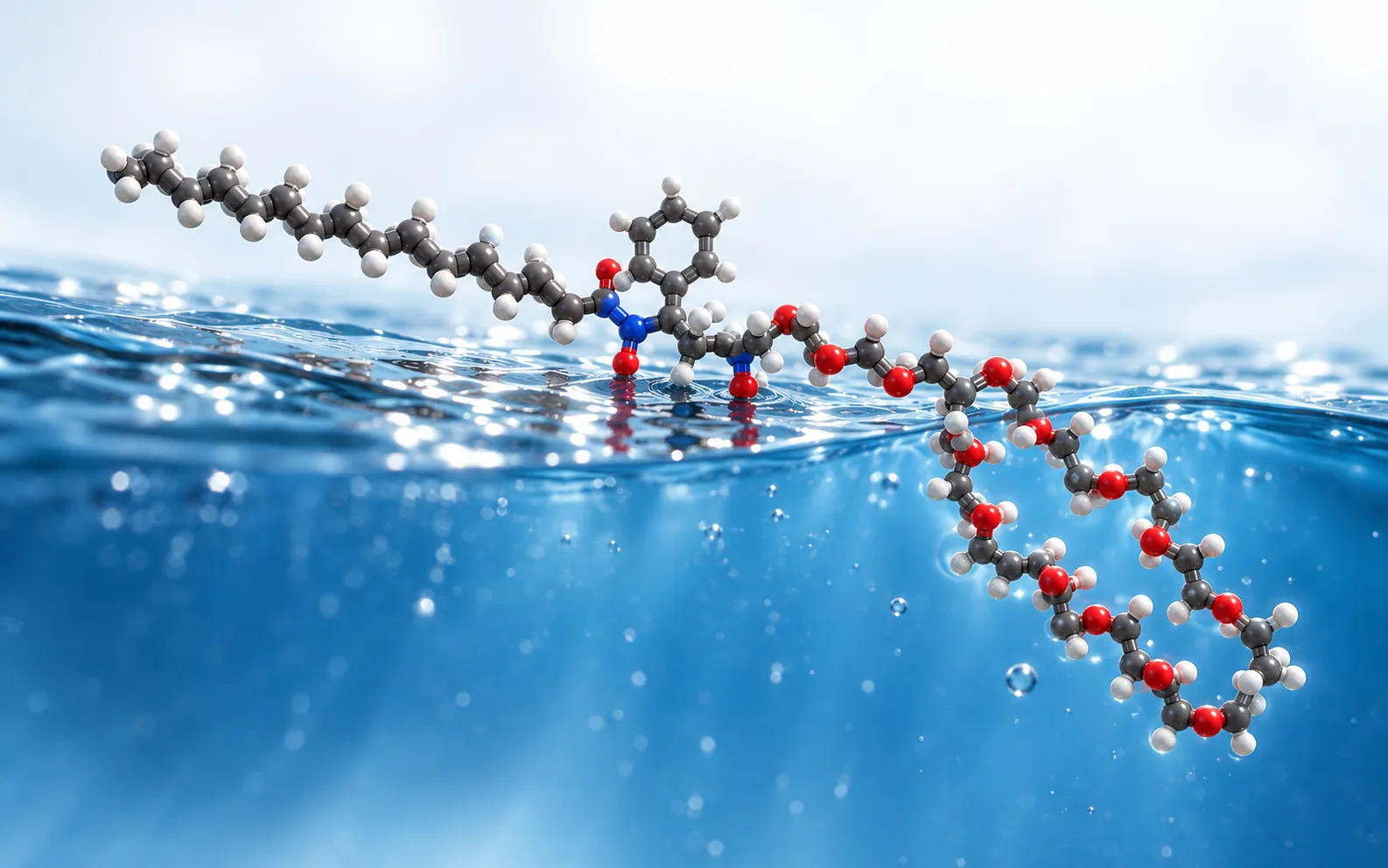 Artistic 3D representation of the FM1000 surfactant oriented at the air–liquid interface, highlighting its amphiphilic structure.