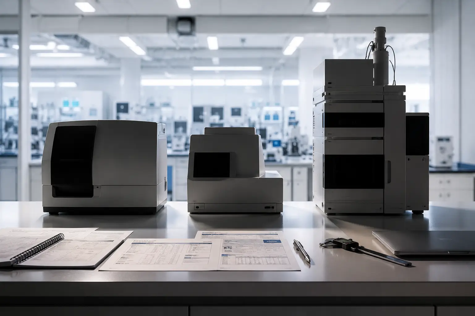 Evaluación de equipos científicos antes de la compra Diferentes equipos científicos sobre una mesa de laboratorio junto a documentos técnicos utilizados para evaluación y especificación antes de la compra.