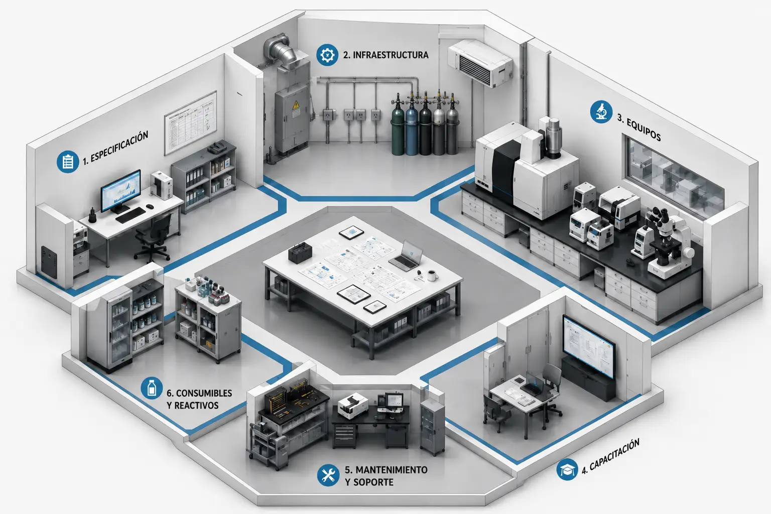 Compra de equipos científicos como acción estratégica Laboratorio isométrico dividido en áreas de especificación, infraestructura, equipos, capacitación, mantenimiento e insumos.