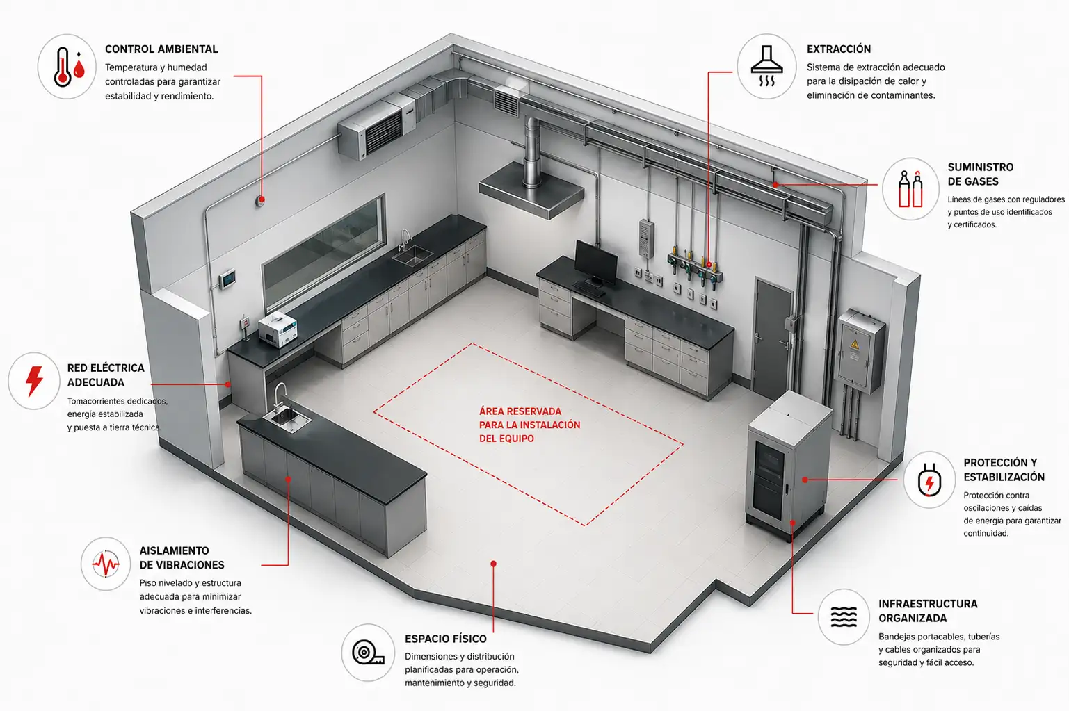 Infraestructura necesaria para instalación de equipos científicos Vista isométrica de un laboratorio mostrando la infraestructura necesaria para instalación de equipos científicos