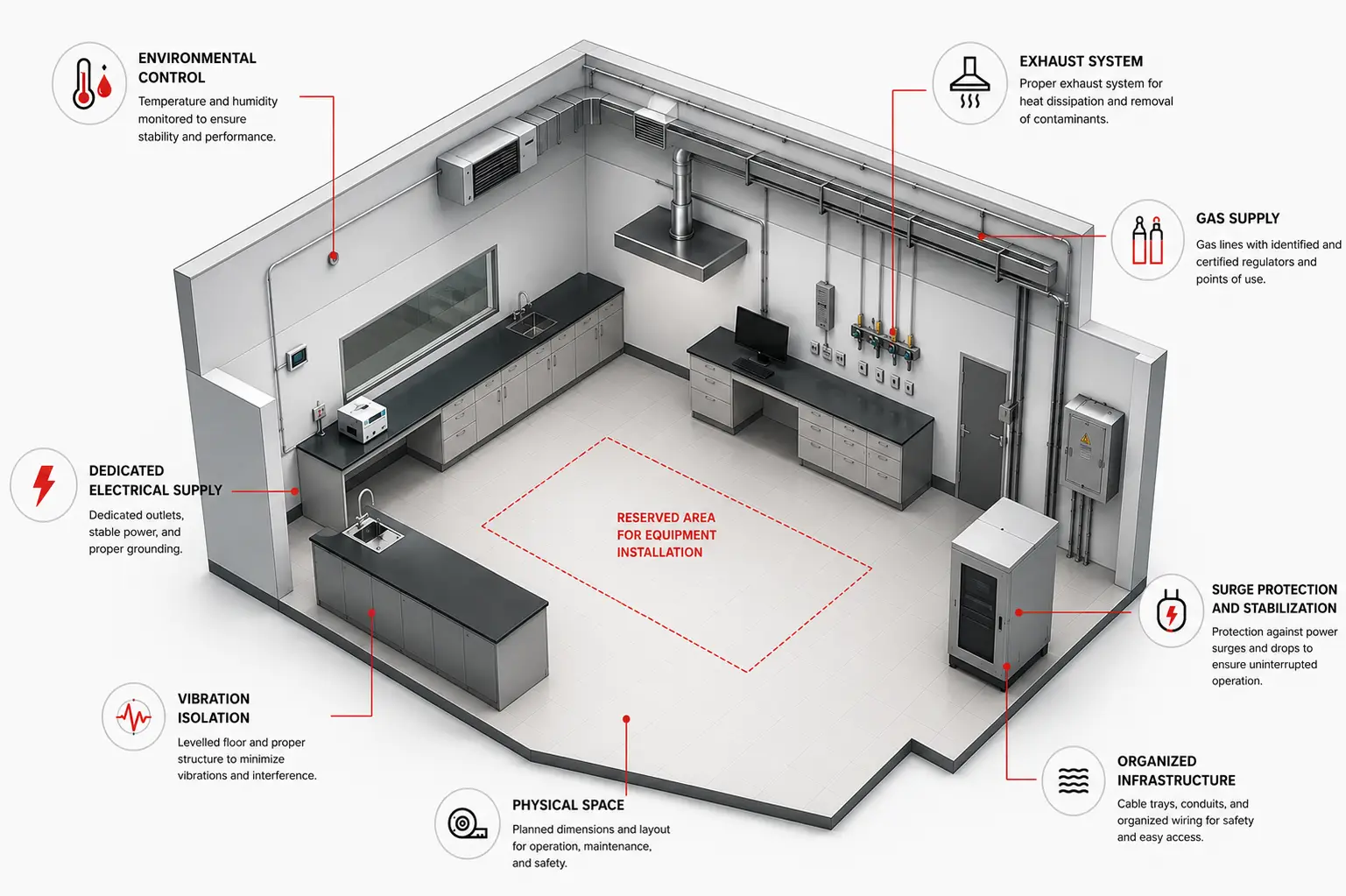 Infrastructure required for installation of scientific equipment Isometric view of a laboratory showing the infrastructure required for installation of scientific equipment