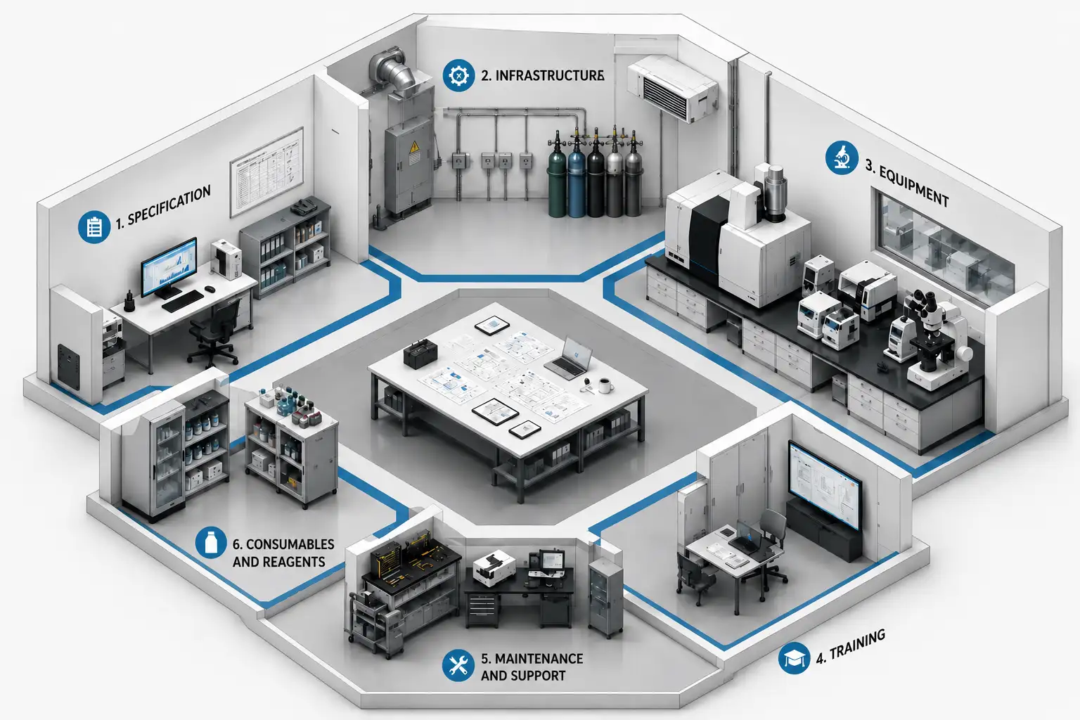 Purchase of scientific equipment as a strategic action Isometric laboratory divided into areas of specification, infrastructure, equipment, training, maintenance and supplies.