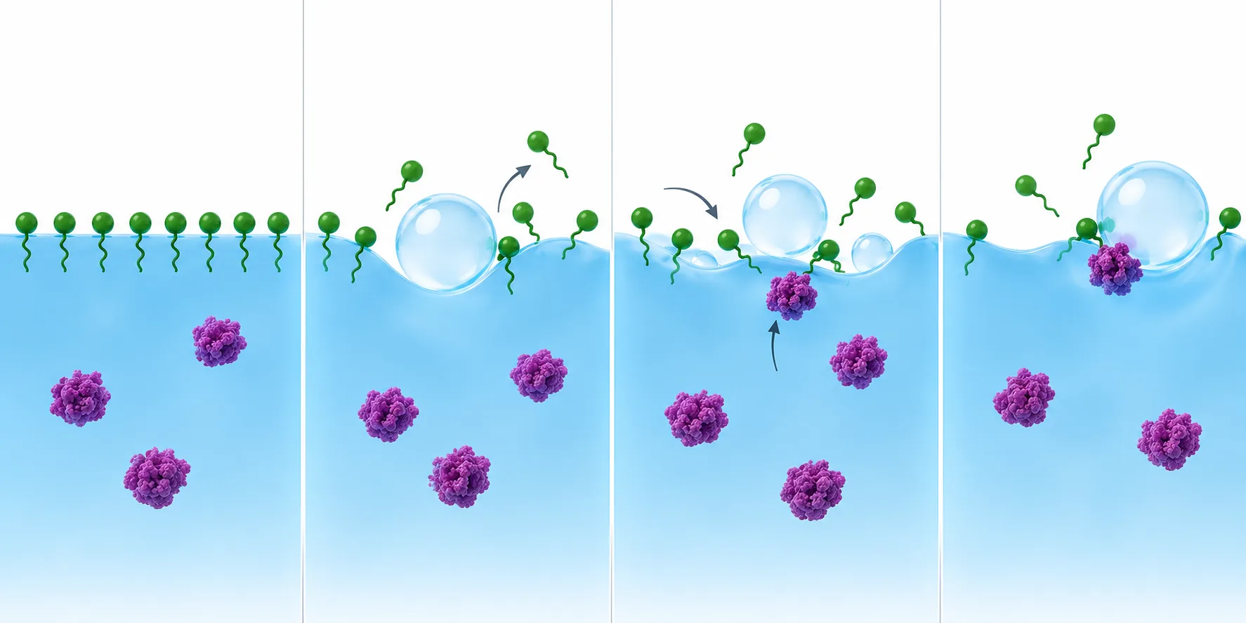 Illustration of agitation creating new air–liquid interfaces, with polysorbates at the surface and proteins approaching the interface.