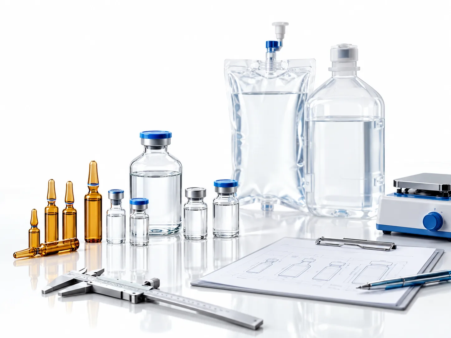 Ampoules, pharmaceutical vials, and infusion bags of different volumes used in the preparation and analysis of subvisible particles in injectable medicines
