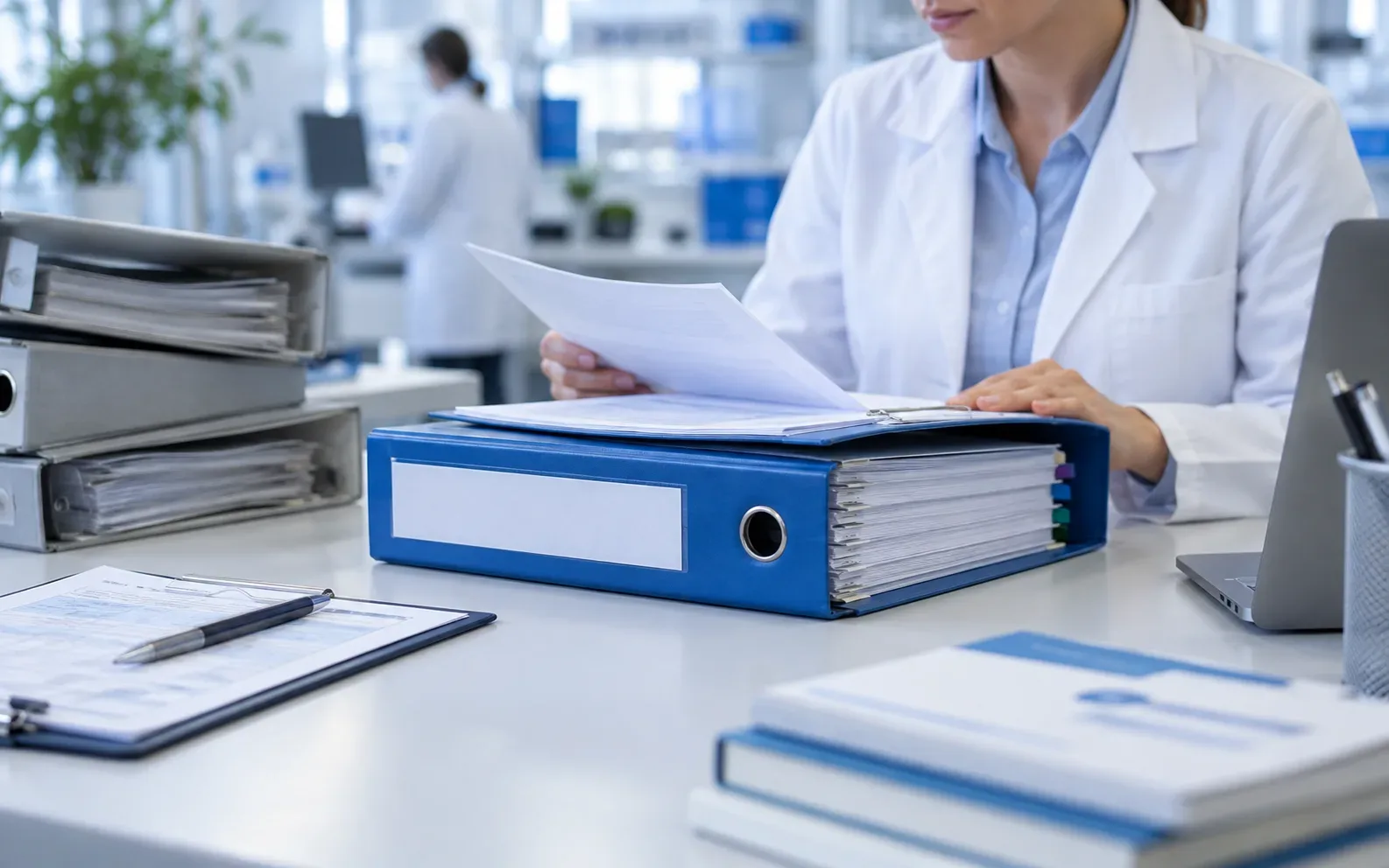 Professional reviewing regulatory documents and Good Manufacturing Practices files in a pharmaceutical environment, representing the update of ANMAT Disposition 4159/23.