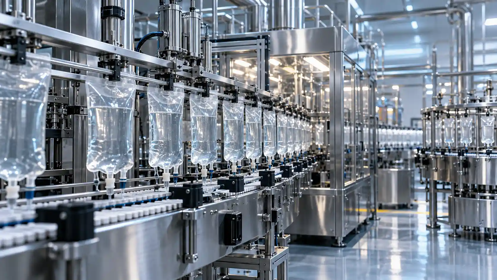 Parenteral solution bags on an automated pharmaceutical production line with stainless steel equipment.