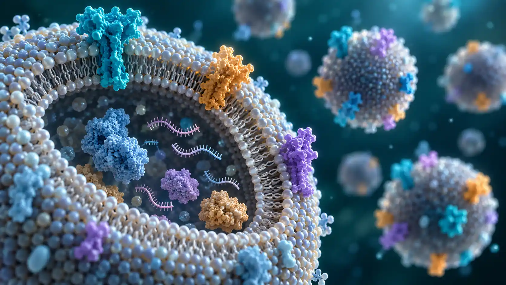 3D illustration of an extracellular vesicle in cross-section, with colored proteins on the membrane and small RNAs inside.
