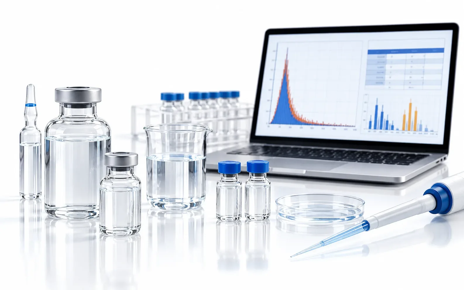 Viales y ampollas de medicamentos inyectables junto a una computadora portátil con gráficos de recuento de partículas subvisibles en laboratorio.