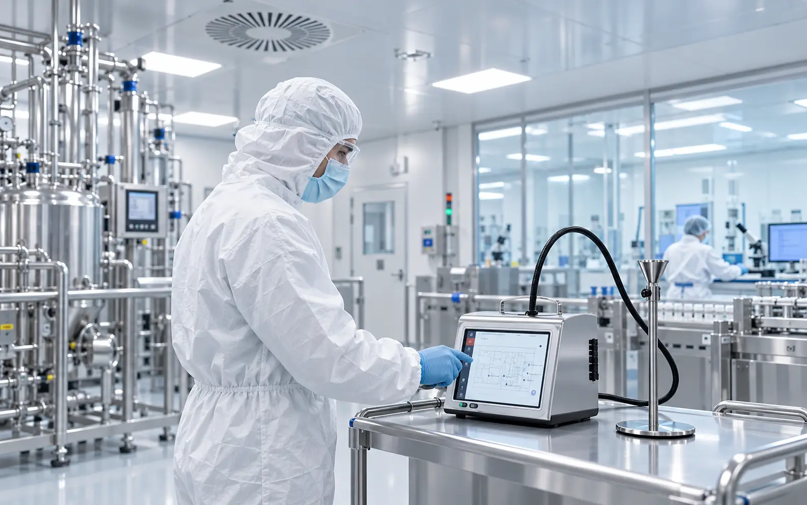 Profesional en sala limpia farmacéutica utilizando contador de partículas MET ONE para monitoreo ambiental y calificación de áreas conforme a ISO 14644.