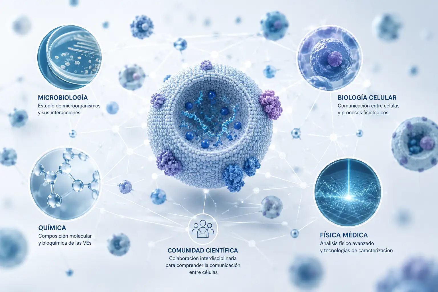Ilustración de una vesícula extracelular conectada con áreas como microbiología, biología celular, química y física médica.