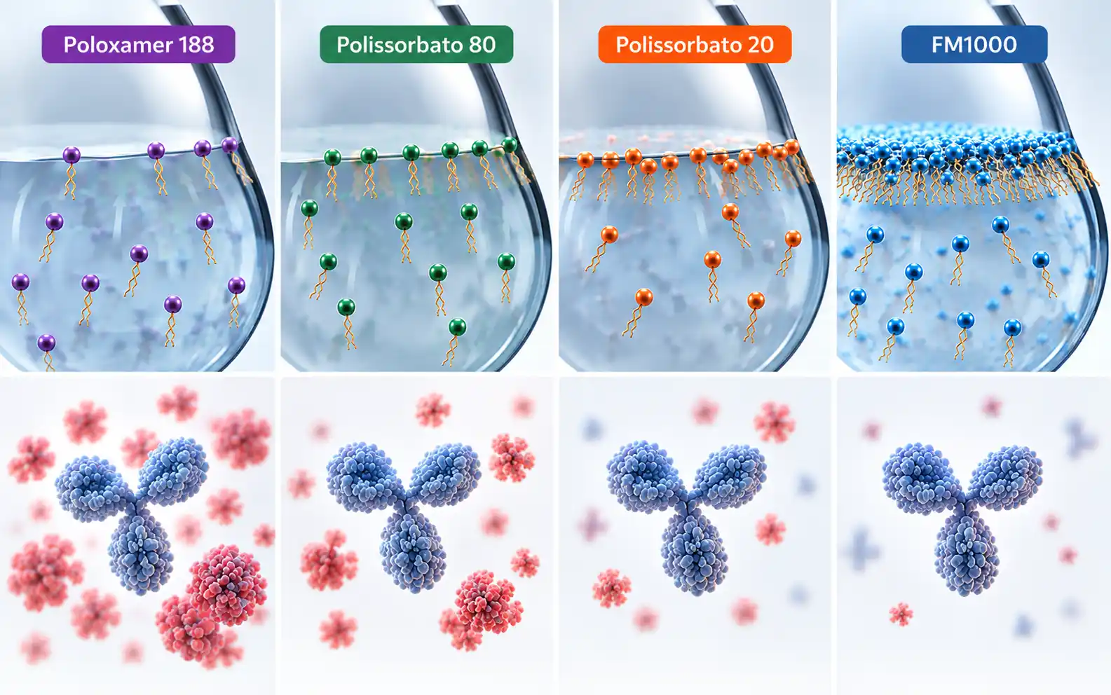 Infográfico comparando FM1000, Polissorbato 20, Polissorbato 80 e Poloxamer 188, relacionando estabilização da interface e formação de agregados proteicos.