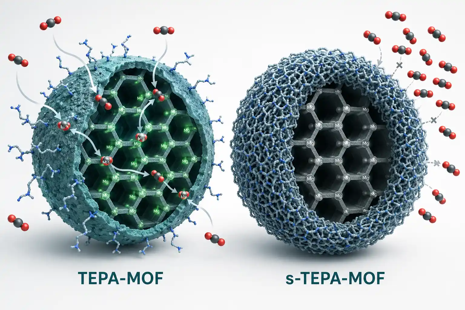 Comparison between TEPA-MOF and s-TEPA-MOF showing how a dense TEPA layer can block CO₂ access to the magnesium sites inside the material.