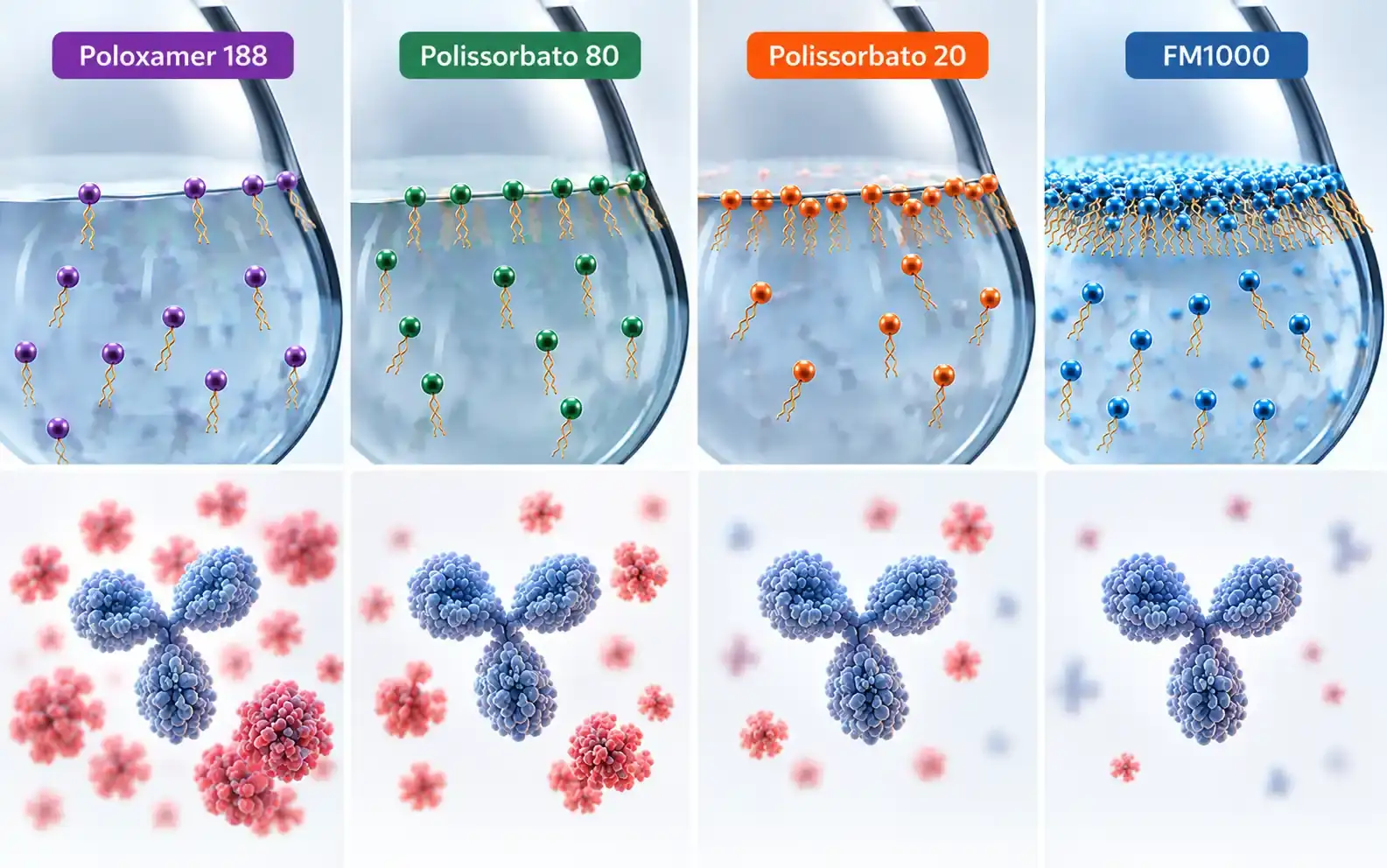 Infographic comparing FM1000, Polysorbate 20, Polysorbate 80, and Poloxamer 188, relating interfacial stabilization to protein aggregate formation.