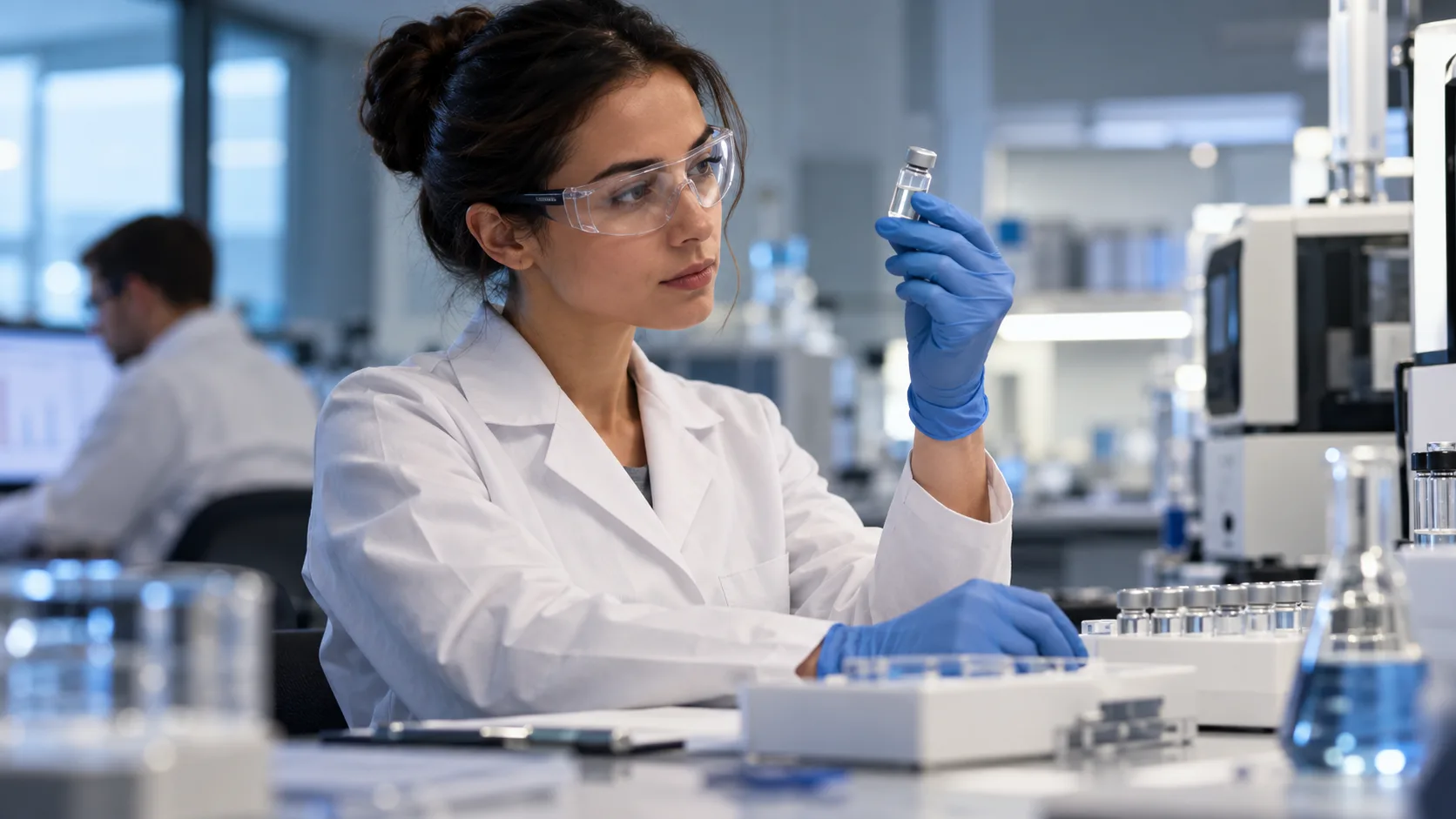 Profesional de laboratorio que analiza una muestra para el control de calidad de soluciones parenterales en un entorno farmacéutico.
