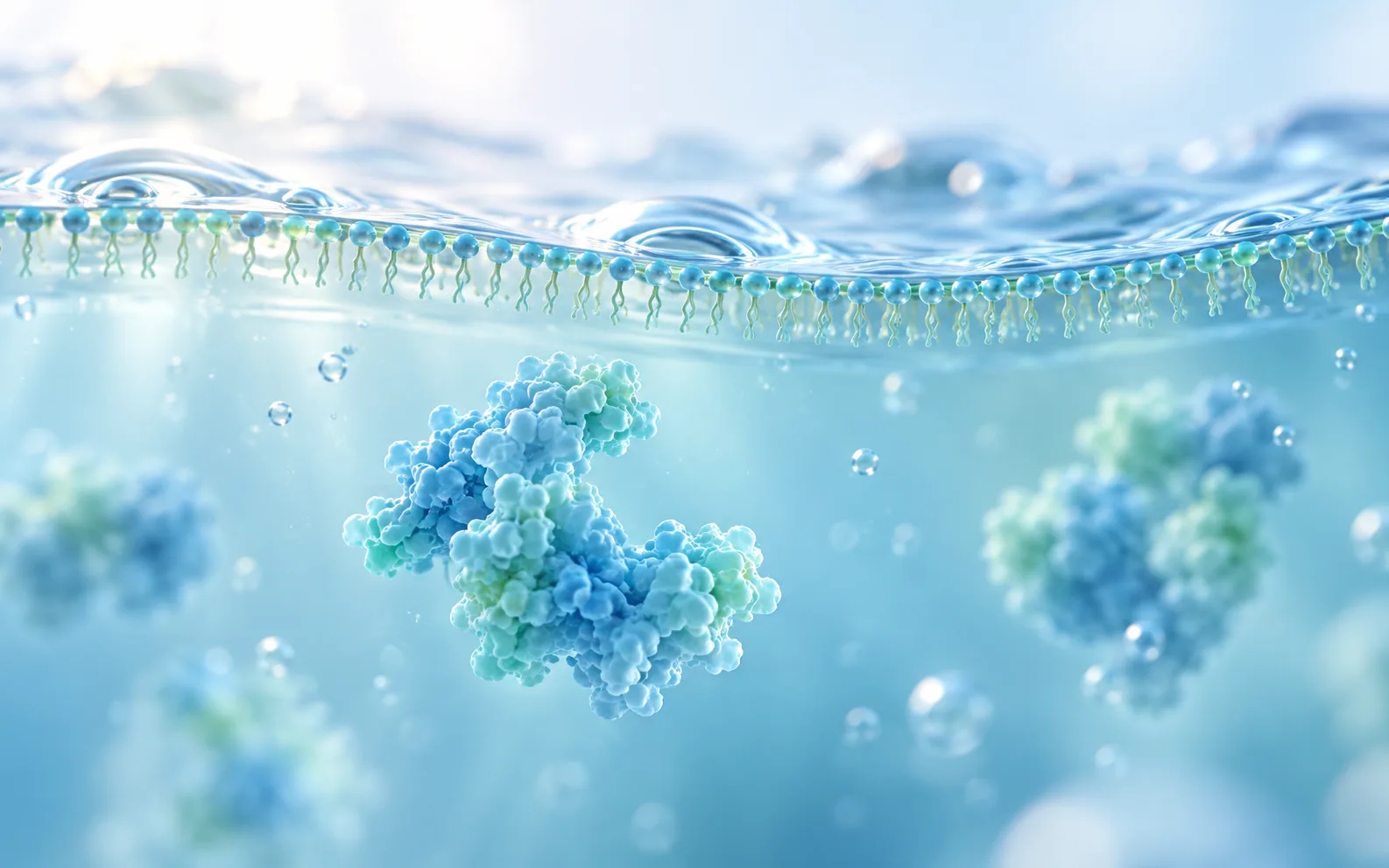 Render 3D de una interfaz aire-líquido con moléculas de tensioactivo organizadas en la superficie y proteínas suspendidas en la solución.