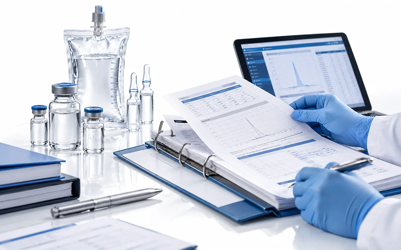 Profissional com luvas revisando relatórios analíticos, gráficos e registros de laboratório para garantir a rastreabilidade de ensaios farmacêuticos.