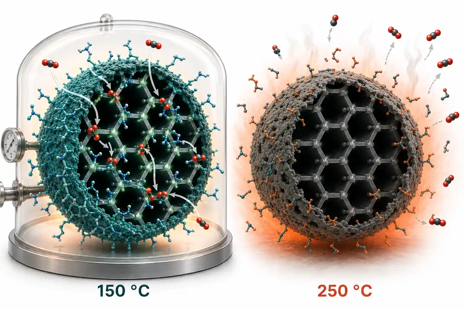 Comparación de la TEPA-MOF a 150 °C y 250 °C, mostrando la descomposición parcial de la TEPA, la reducción de los sitios activos de magnesio y la menor adsorción de CO₂ a alta temperatura.
