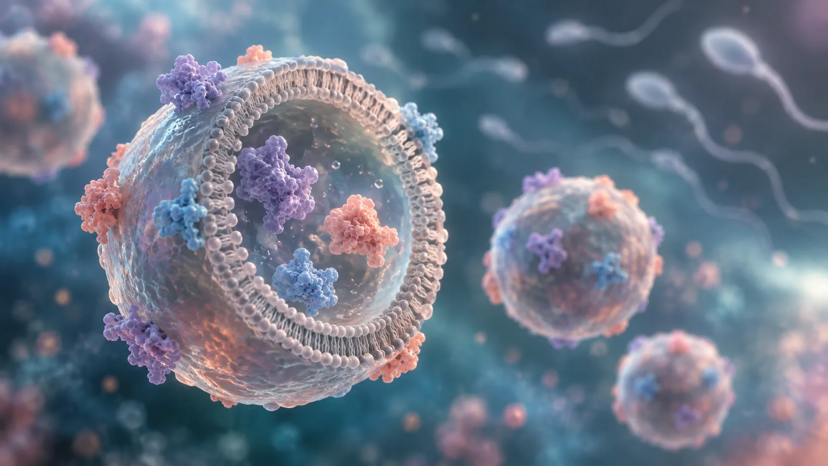 3D illustration of an extracellular vesicle in cross-section, with proteins inside and on the surface and spermatozoa in the background.