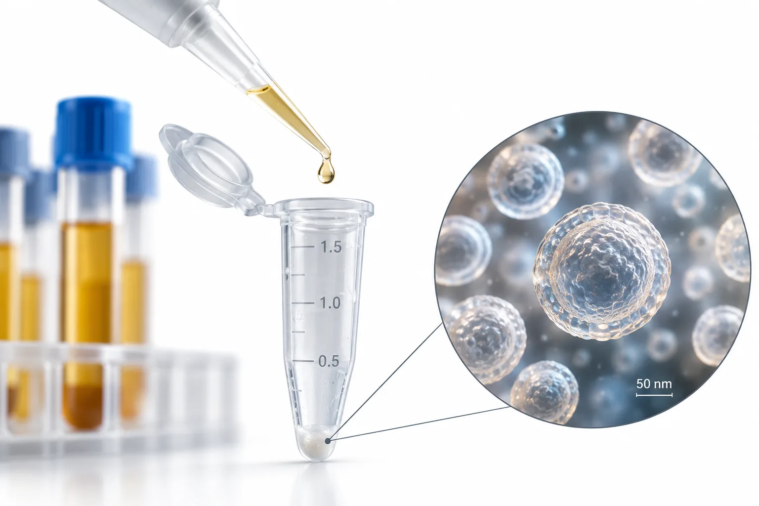 Representation of exosome extraction from a serum sample and visualization of isolated vesicles.
