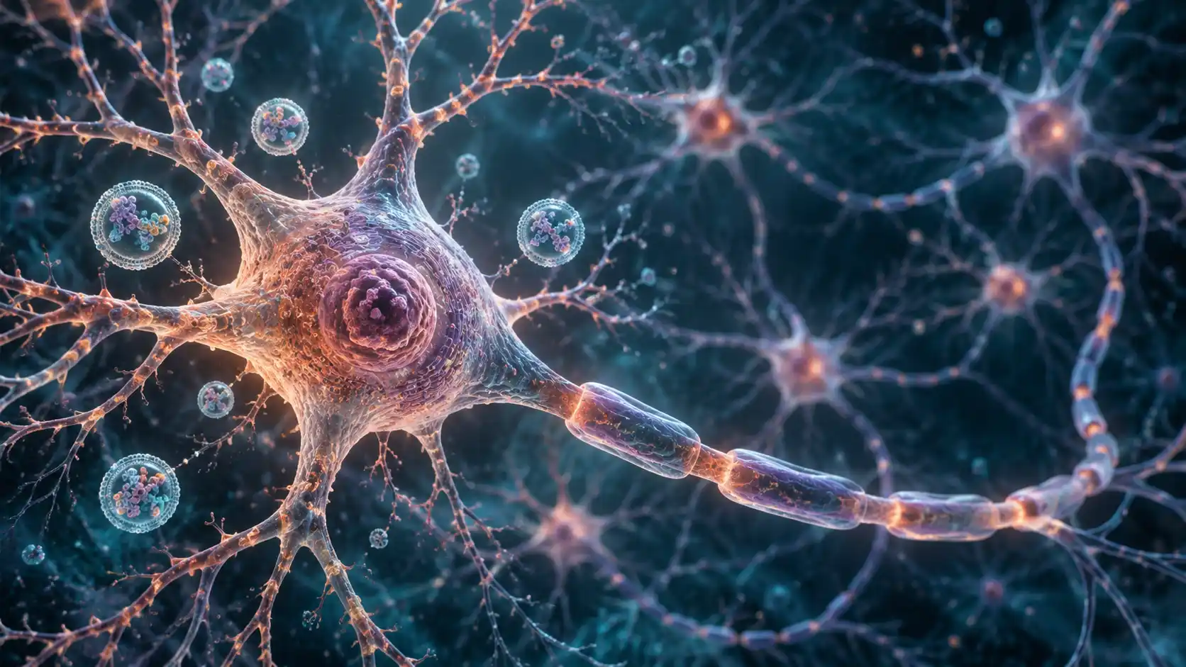3D illustration of a neuron in the foreground, with other neurons in the background and extracellular vesicles around.