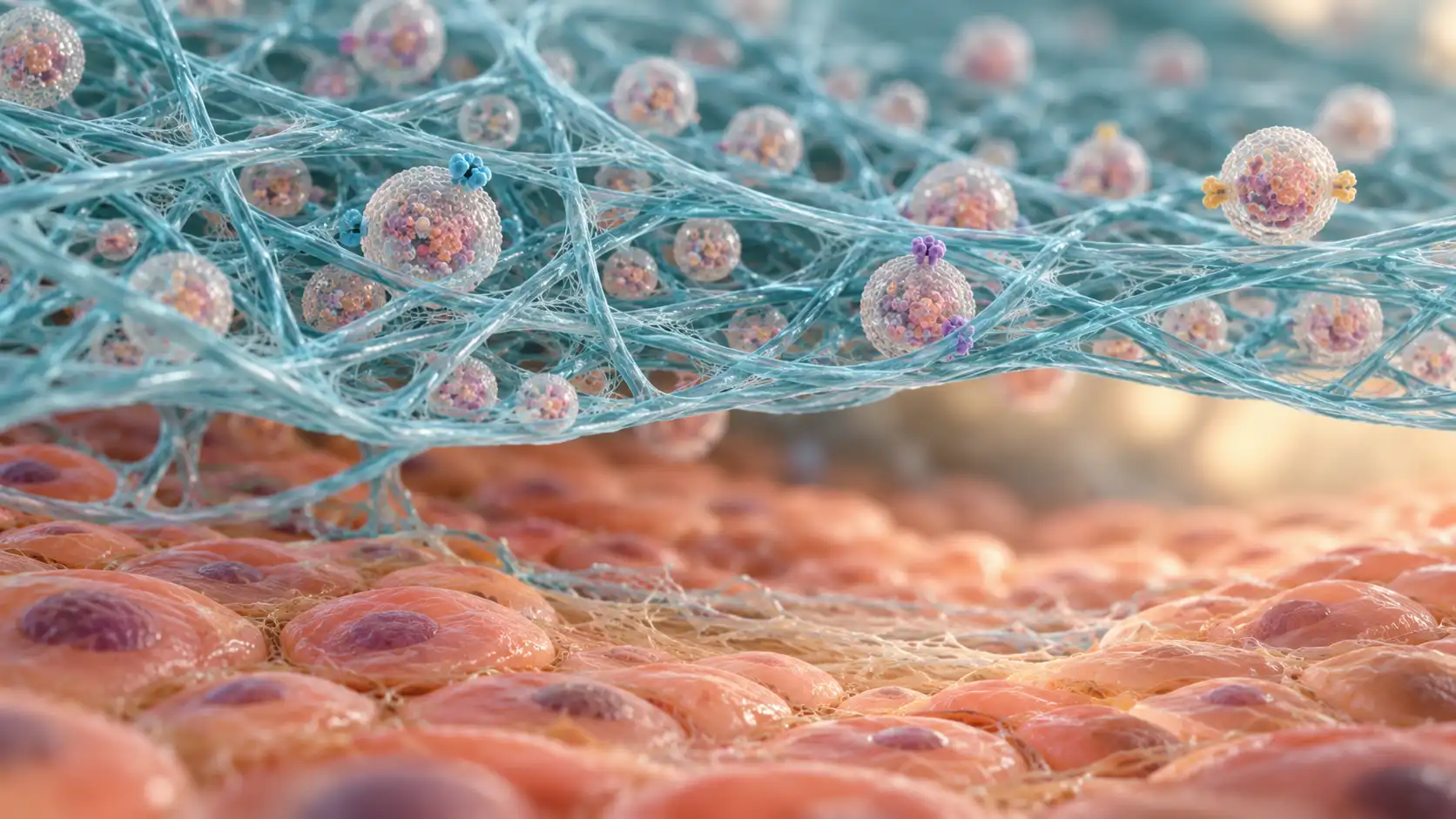Ilustración 3D de vesículas extracelulares retenidas en una malla de nanofibras sobre células de tejido.