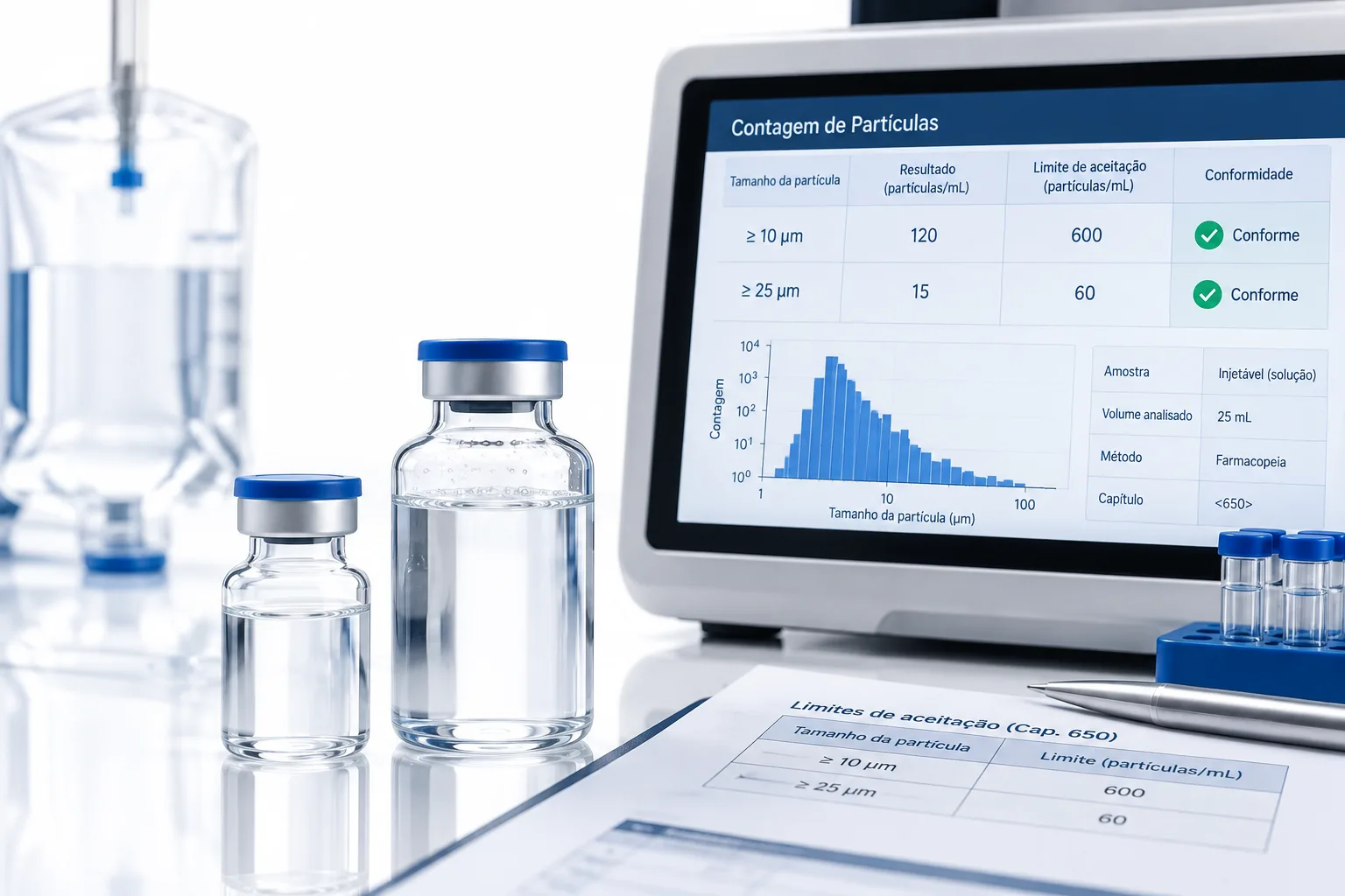 Viales de medicamentos inyectables junto a un monitor con recuentos de partículas subvisibles de 10 µm y 25 µm.