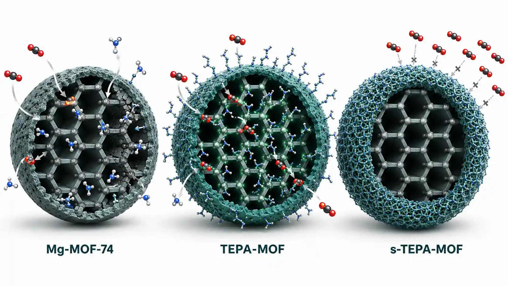 Comparación entre Mg-MOF-74, TEPA-MOF y s-TEPA-MOF mostrando cómo la funcionalización con TEPA afecta el acceso del CO₂ a los poros