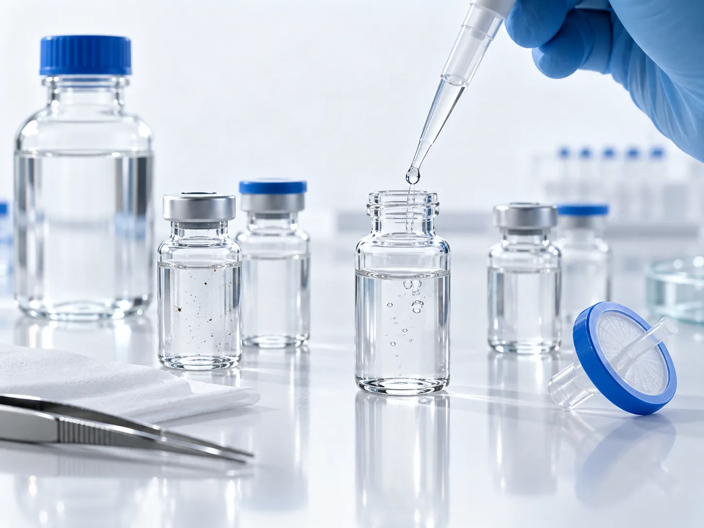 Preparation of injectable samples using a pipette and vials, showing air bubbles and particles that may interfere with particle counting