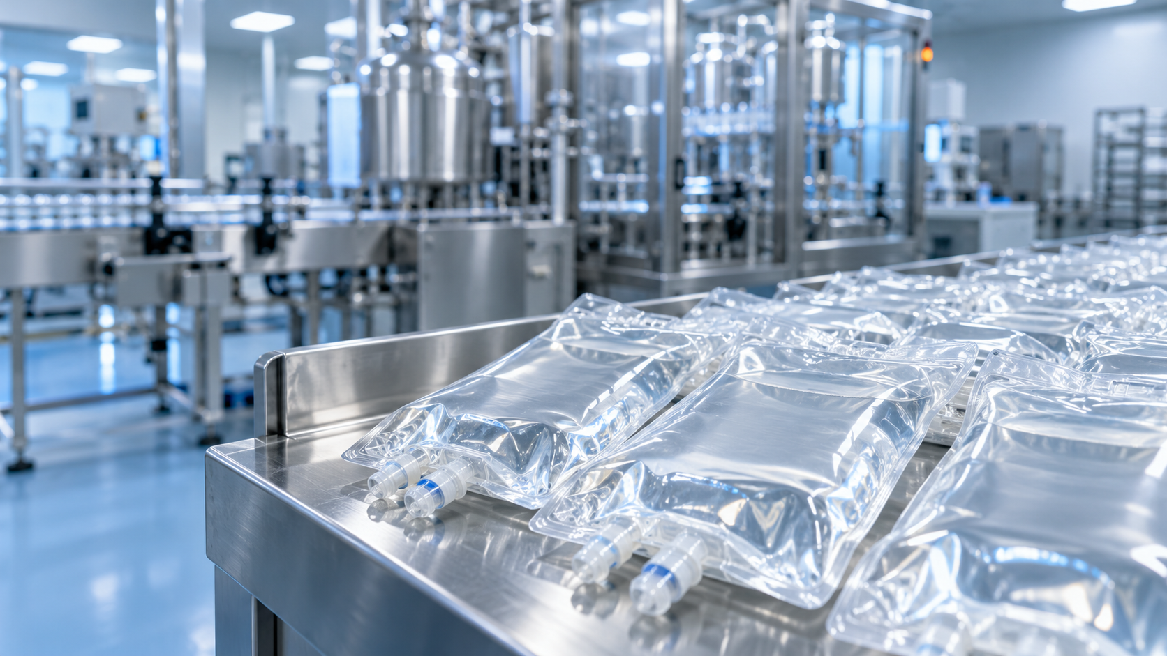 Bolsas selladas de soluciones parenterales en un entorno farmacéutico, que ilustran el producto terminado y el control de calidad.