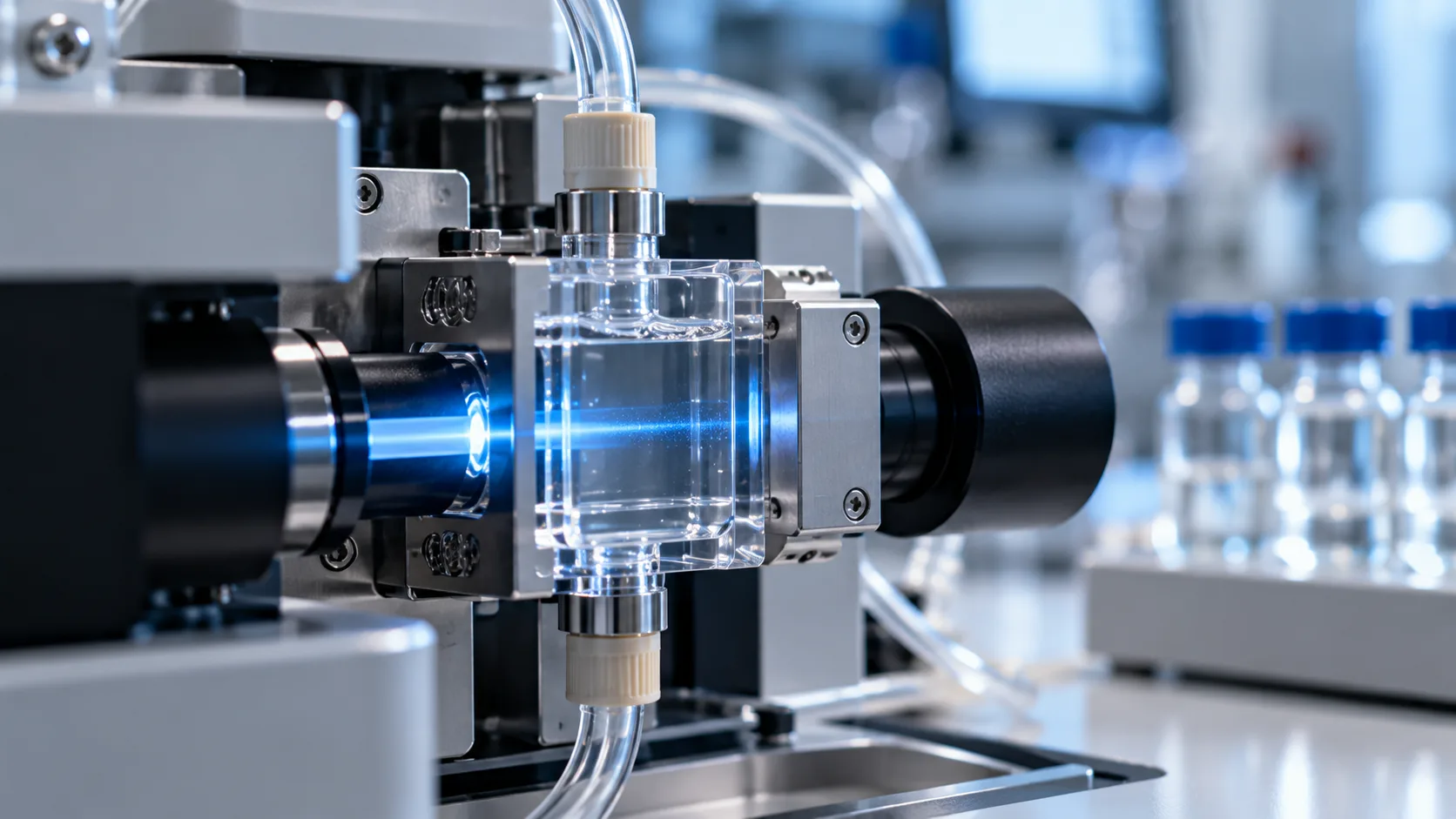 Optical cell with a blue light beam illustrating light obscuration particle counting in liquids.
