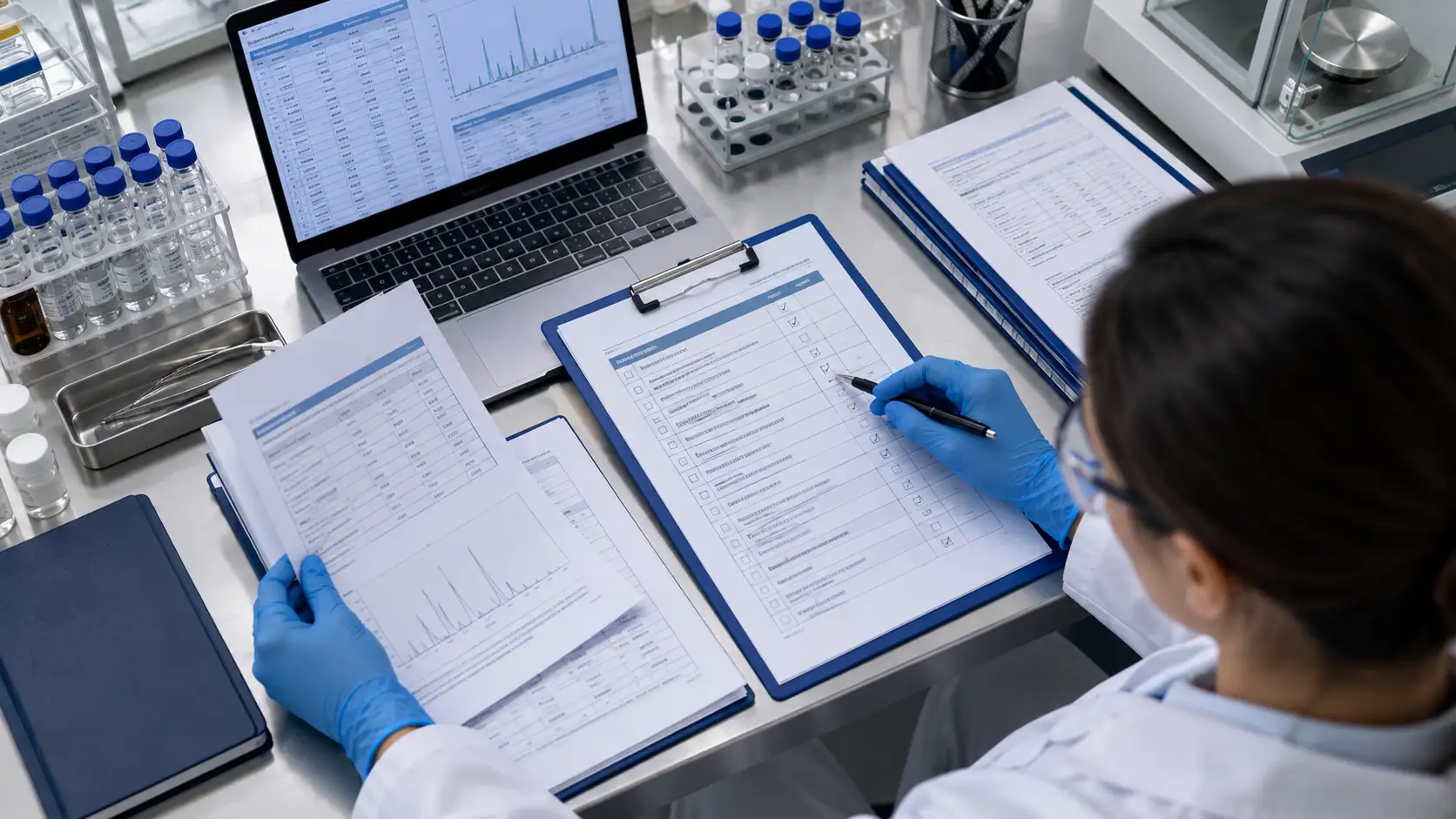 Profesional de laboratorio que revisa una lista de verificación, registros analíticos y resultados del control de calidad farmacéutico.